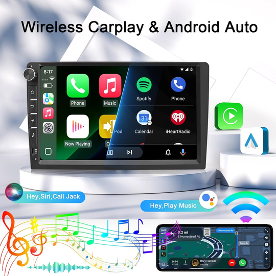9 Inch Universal Android Car Stereo with Wireless CarPlay & Android Auto, GPS Navigation, WiFi, Bluetooth 5.0, DSP EQ, FM Radio, Rear View Camera, Steering Wheel Control, Touch Screen Head Unit