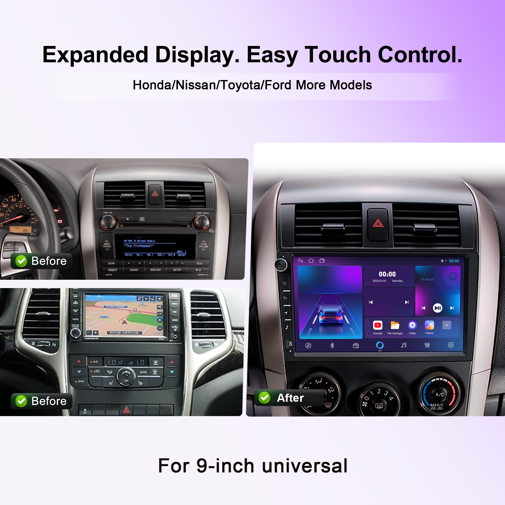 9 Inch Universal Android Car Stereo with Wireless CarPlay & Android Auto, GPS Navigation, WiFi, Bluetooth 5.0, DSP EQ, FM Radio, Rear View Camera, Steering Wheel Control, Touch Screen Head Unit