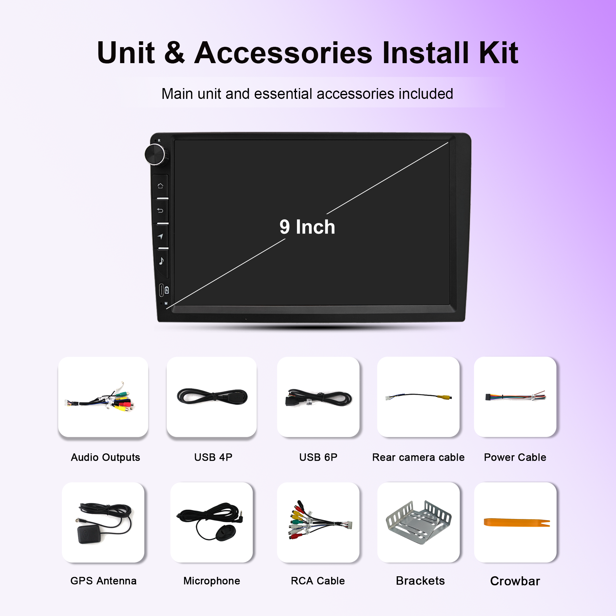 9 Inch Universal Android Car Stereo with Wireless CarPlay & Android Auto, GPS Navigation, WiFi, Bluetooth 5.0, DSP EQ, FM Radio, Rear View Camera, Steering Wheel Control, Touch Screen Head Unit