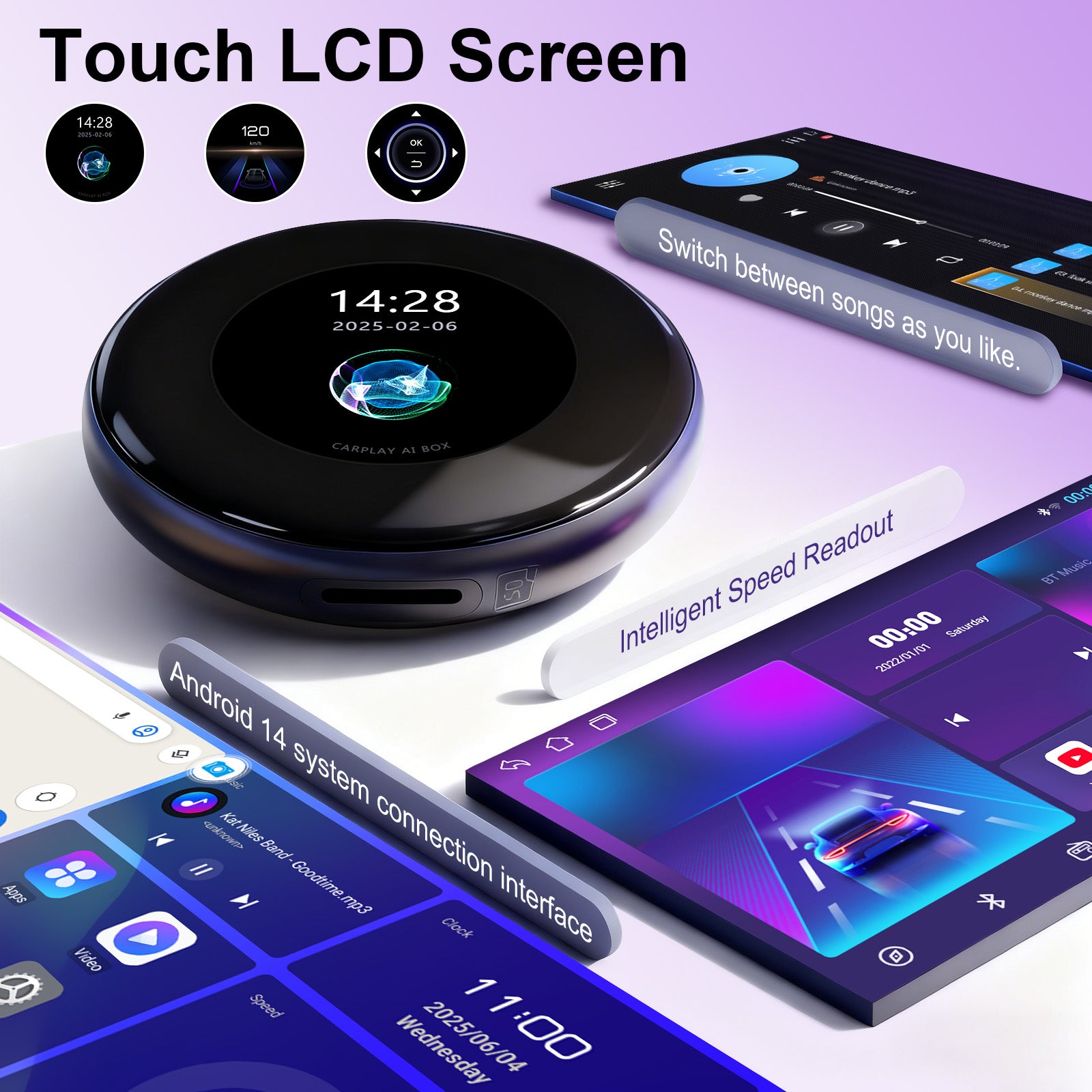 Kspiv 3.2 inch Touch Screen CarPlay Ai Box with Android 14