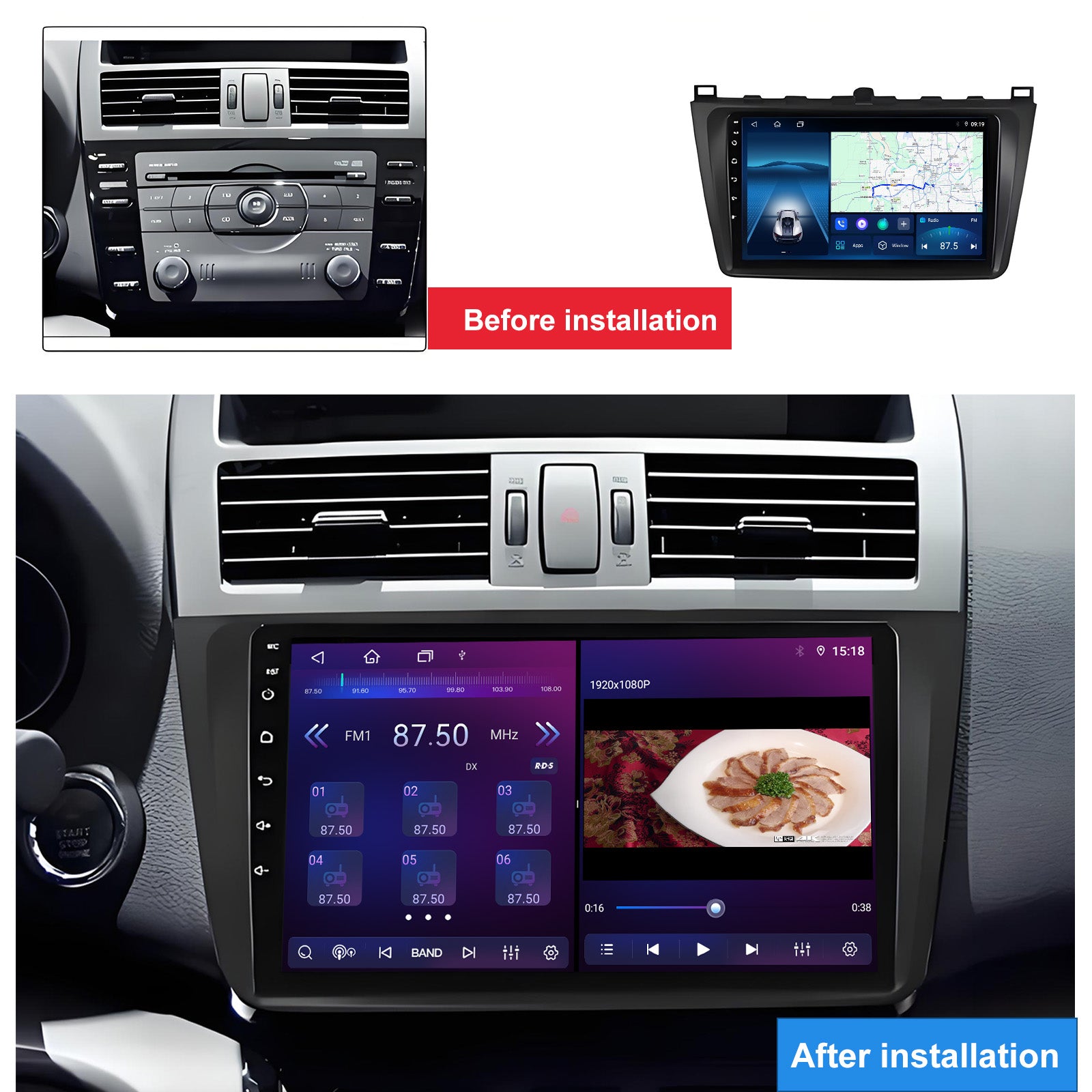 8 Inch Touch Screen for Mazda 6 2008 2012 Radio, Android Car Stereo with Carplay Android Auto in Dash GPS Navigation Bluetooth WIFI FM Steering Wheel Controls