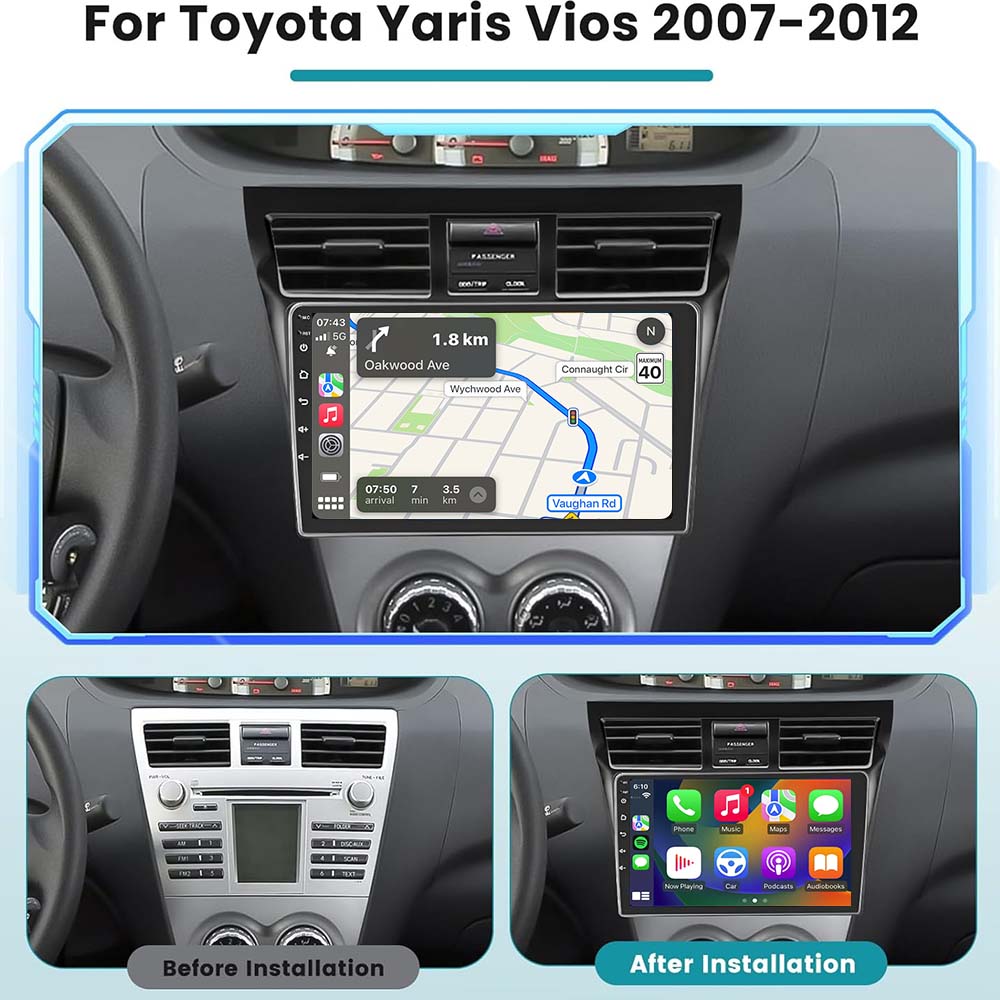 9 Inch Touch Screen for For Toyota Yaris Vios 2007-2012 Radio, Android Car Stereo with Carplay Android Auto in Dash GPS Navigation Bluetooth WIFI FM Steering Wheel Controls