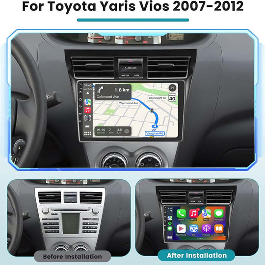 9 Inch Touch Screen for For Toyota Yaris Vios 2007-2012 Radio, Android Car Stereo with Carplay Android Auto in Dash GPS Navigation Bluetooth WIFI FM Steering Wheel Controls
