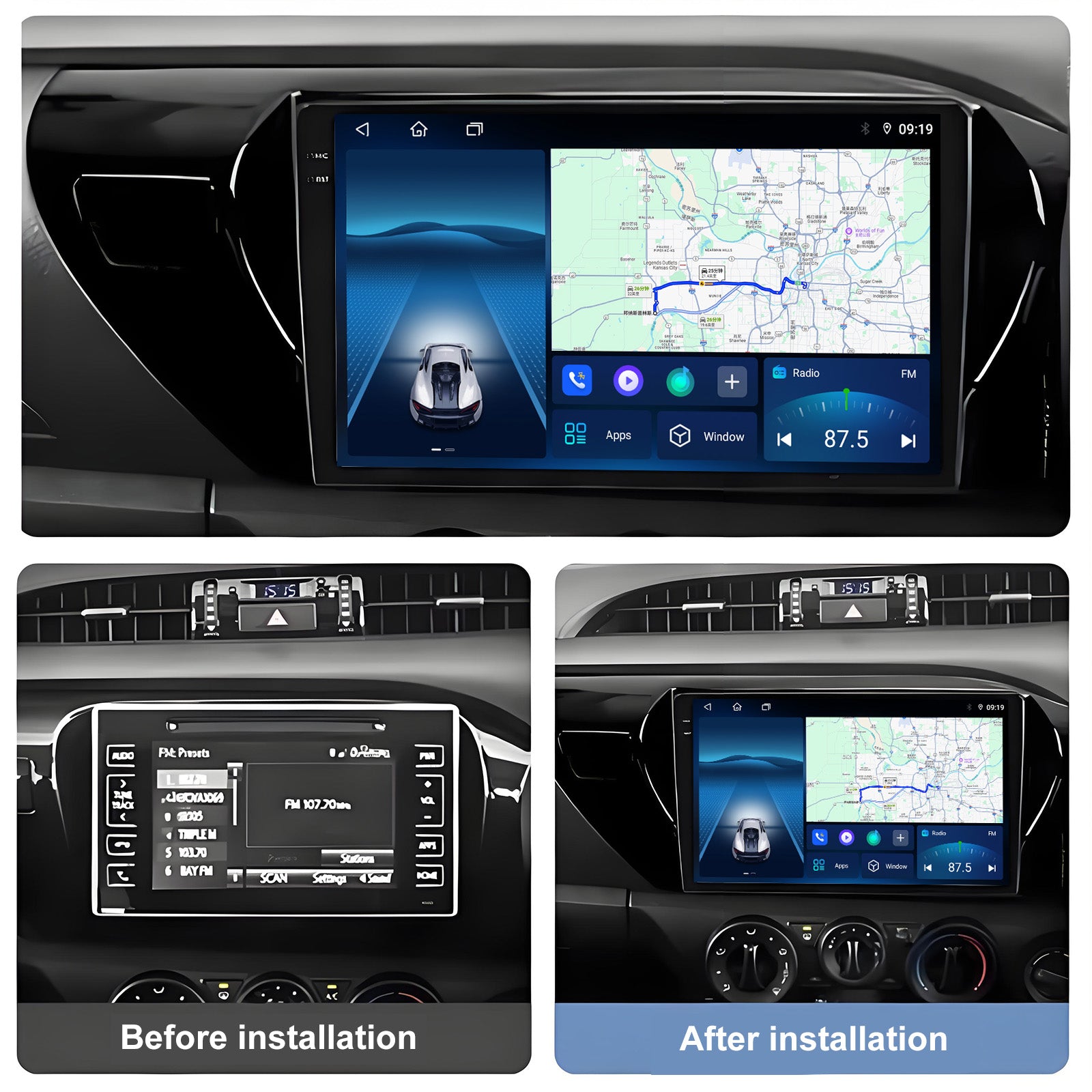 10 Inch Touch Screen for Toyota Hilux 2015-2020 Radio, Android Car Stereo with Carplay Android Auto in Dash GPS Navigation Bluetooth WIFI FM Steering Wheel Controls