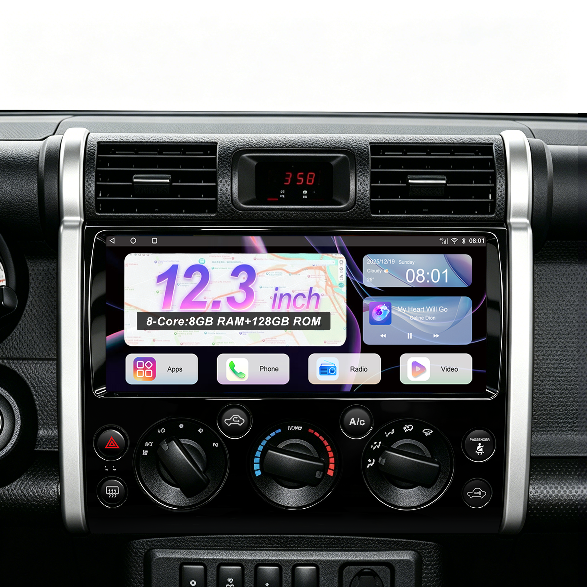 12.3 Inch Android Car Stereo for Toyota FJ Cruiser 2006+, Qualcomm 8-Core 8GB+128GB Touch Screen Radio with Wireless Apple CarPlay Android Auto, DSP DTS Sound, GPS, Bluetooth, RCA HDMI Output, Plug & Play