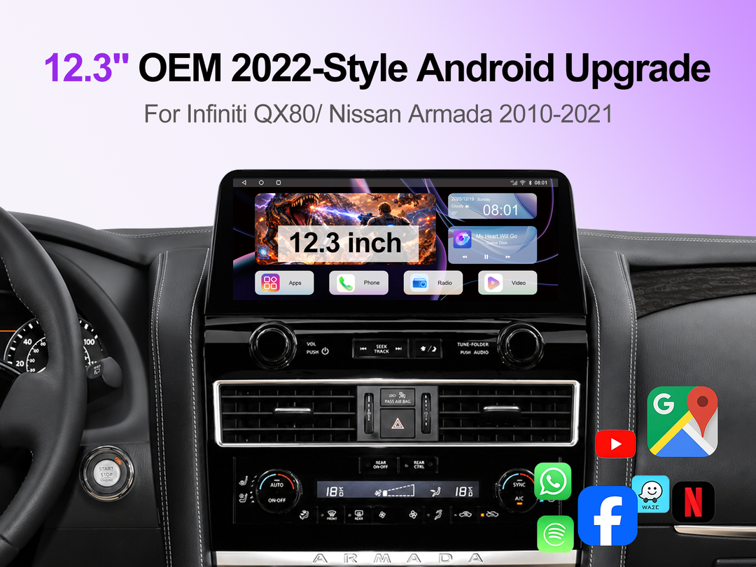 12.3" OEM 2022-Style Android 14 Car Stereo for Infiniti QX80 / Nissan Armada 2010-2021, Wireless CarPlay Android Auto, Qualcomm 8-Core, 8GB+128GB, 4G LTE GPS, DSP DTS, RCA HDMI, Plug & Play