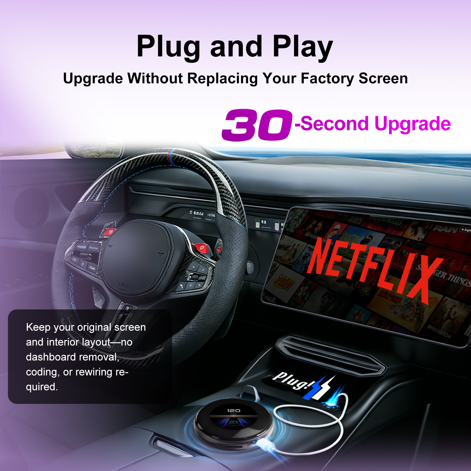 KSPIV CarPlay Magic AI Box with 3.2" Touchscreen | Android 14 Wireless CarPlay & Android Auto Adapter for BMW Mercedes Audi Porsche Lexus Cadillac Volvo Land Rover | Qualcomm 6125 | 4G LTE | OEM Wired & Wireless CarPlay