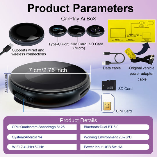 Kspiv 3.2 inch Touch Screen CarPlay Ai Box with Android 13 Qualcomm 6125, Wireless CarPlay Android Auto Adapter with YouTube Disney+ Apps, Support Video Output 4G SIM & Dual WiFi OTA Update,Plug&Play