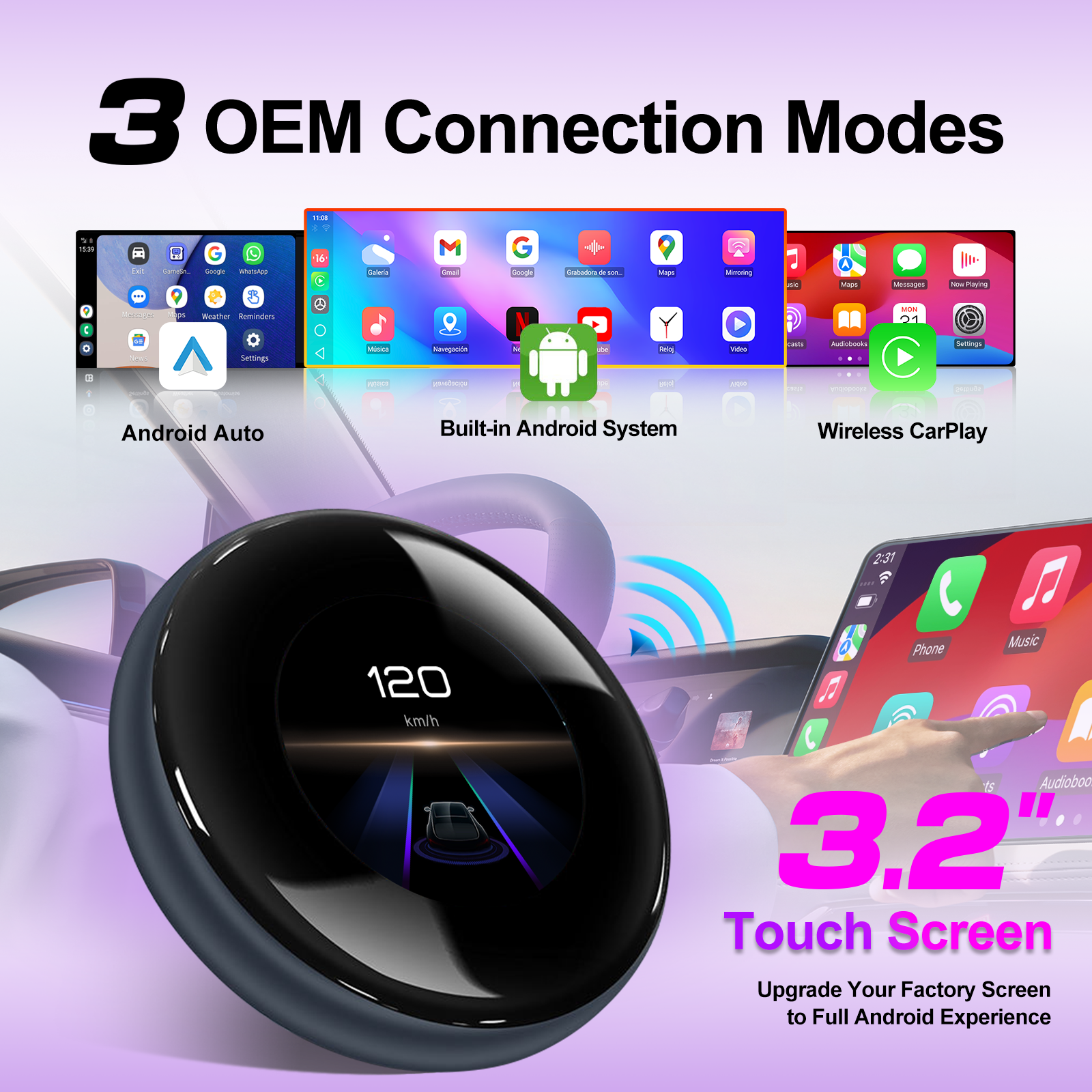 KSPIV CarPlay Magic AI Box with 3.2" Touchscreen | Android 14 Wireless CarPlay & Android Auto Adapter for BMW Mercedes Audi Porsche Lexus Cadillac Volvo Land Rover | Qualcomm 6125 | 4G LTE | OEM Wired & Wireless CarPlay
