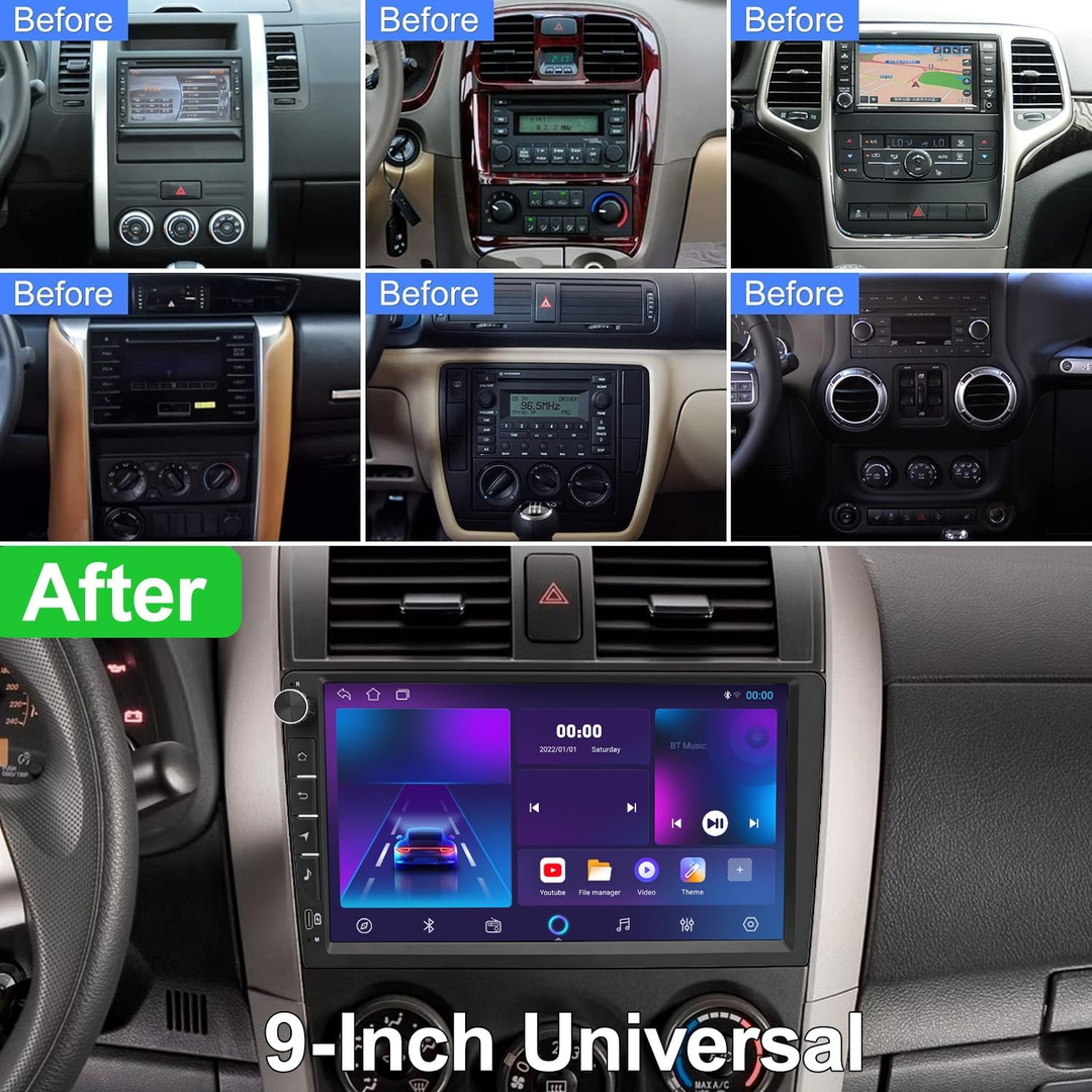 9 Inch Universal Android Car Stereo with Wireless CarPlay & Android Auto, GPS Navigation, WiFi, Bluetooth 5.0, DSP EQ, FM Radio, Rear View Camera, Steering Wheel Control, Touch Screen Head Unit