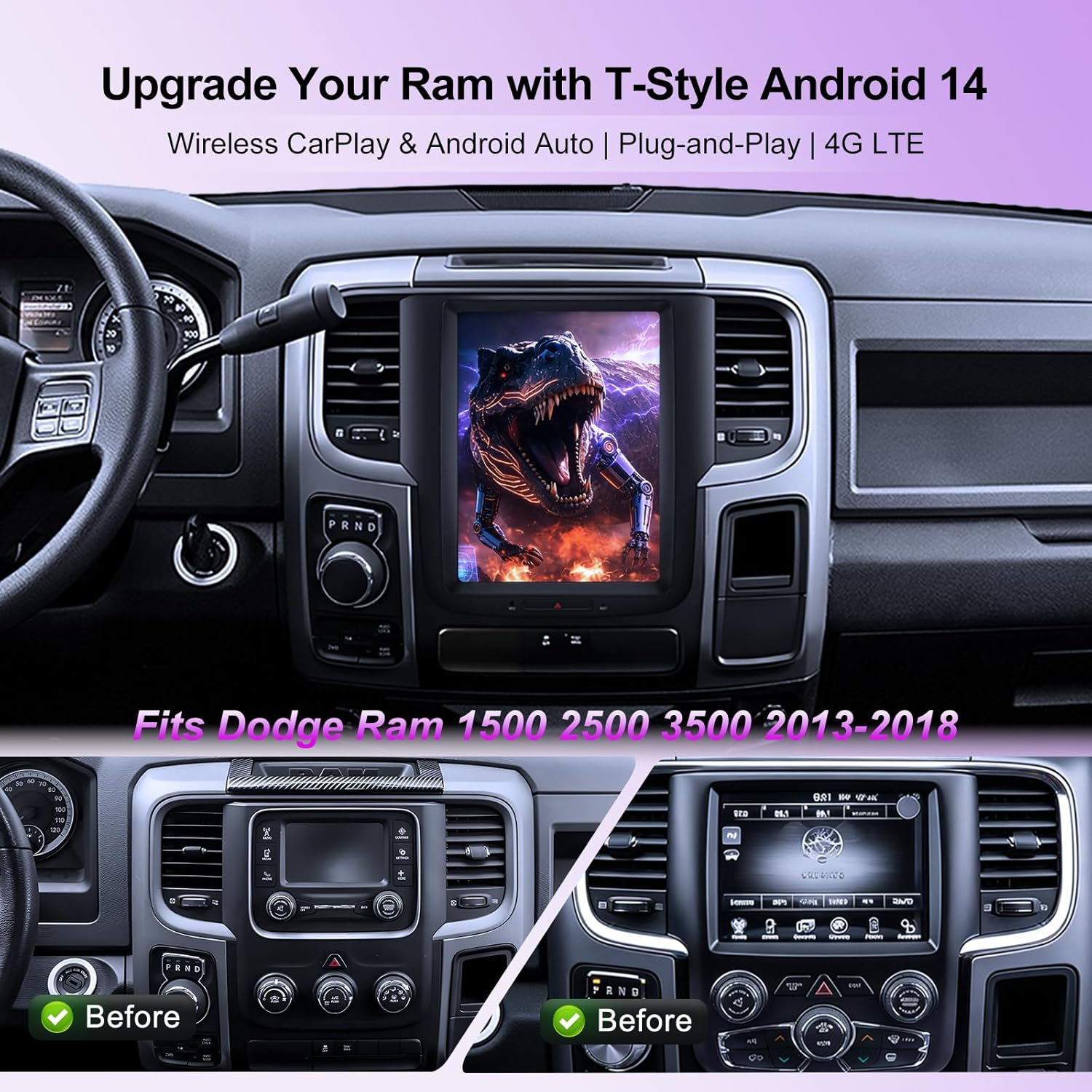10.4" Vertical T-Style Android 14 Car Stereo for Dodge Ram 1500 2500 3500 2013-2018, Wireless CarPlay Android Auto, 4G LTE GPS, DSP EQ, A/C Touch Control, Backup Camera, Plug & Play