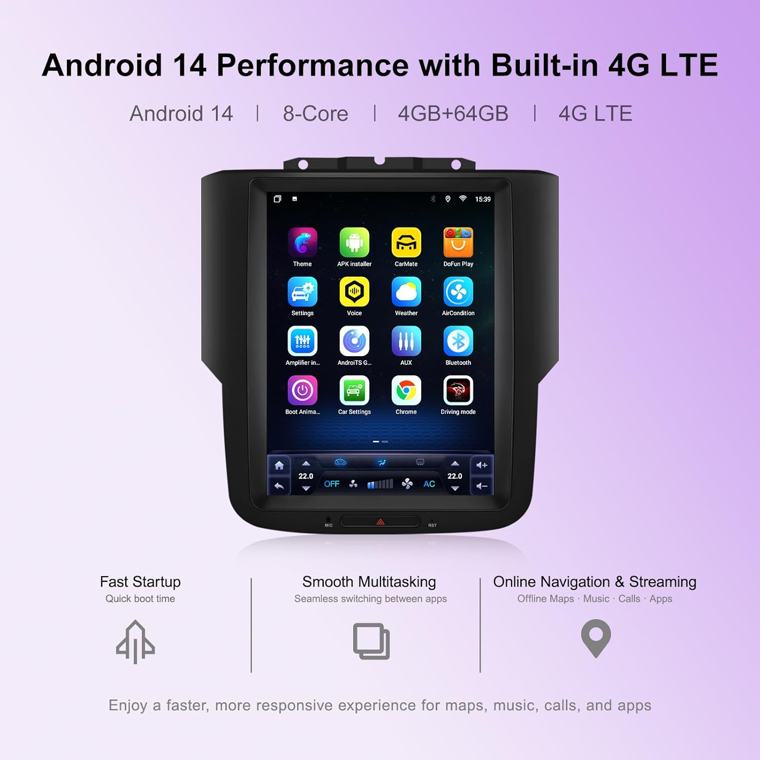 10.4" Vertical T-Style Android 14 Car Stereo for Dodge Ram 1500 2500 3500 2013-2018, Wireless CarPlay Android Auto, 4G LTE GPS, DSP EQ, A/C Touch Control, Backup Camera, Plug & Play