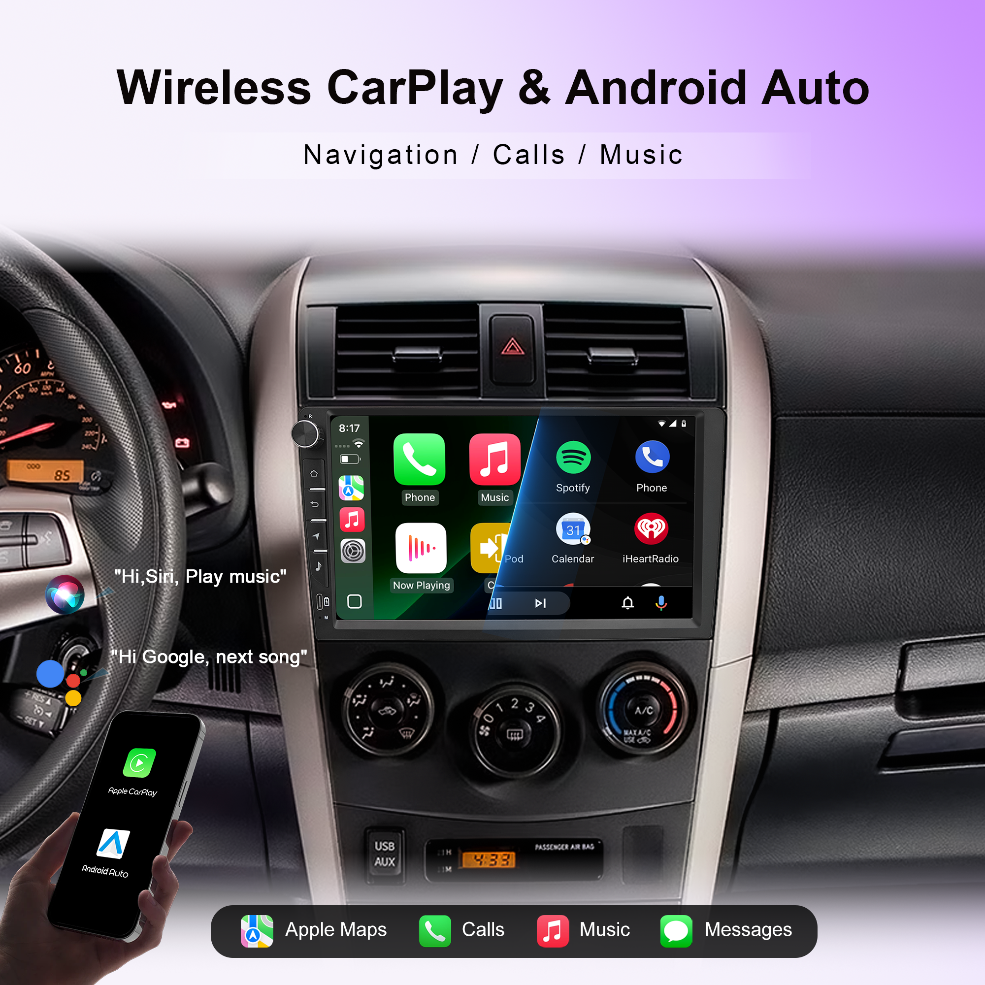 9 Inch Universal Android Car Stereo with Wireless CarPlay & Android Auto, GPS Navigation, WiFi, Bluetooth 5.0, DSP EQ, FM Radio, Rear View Camera, Steering Wheel Control, Touch Screen Head Unit