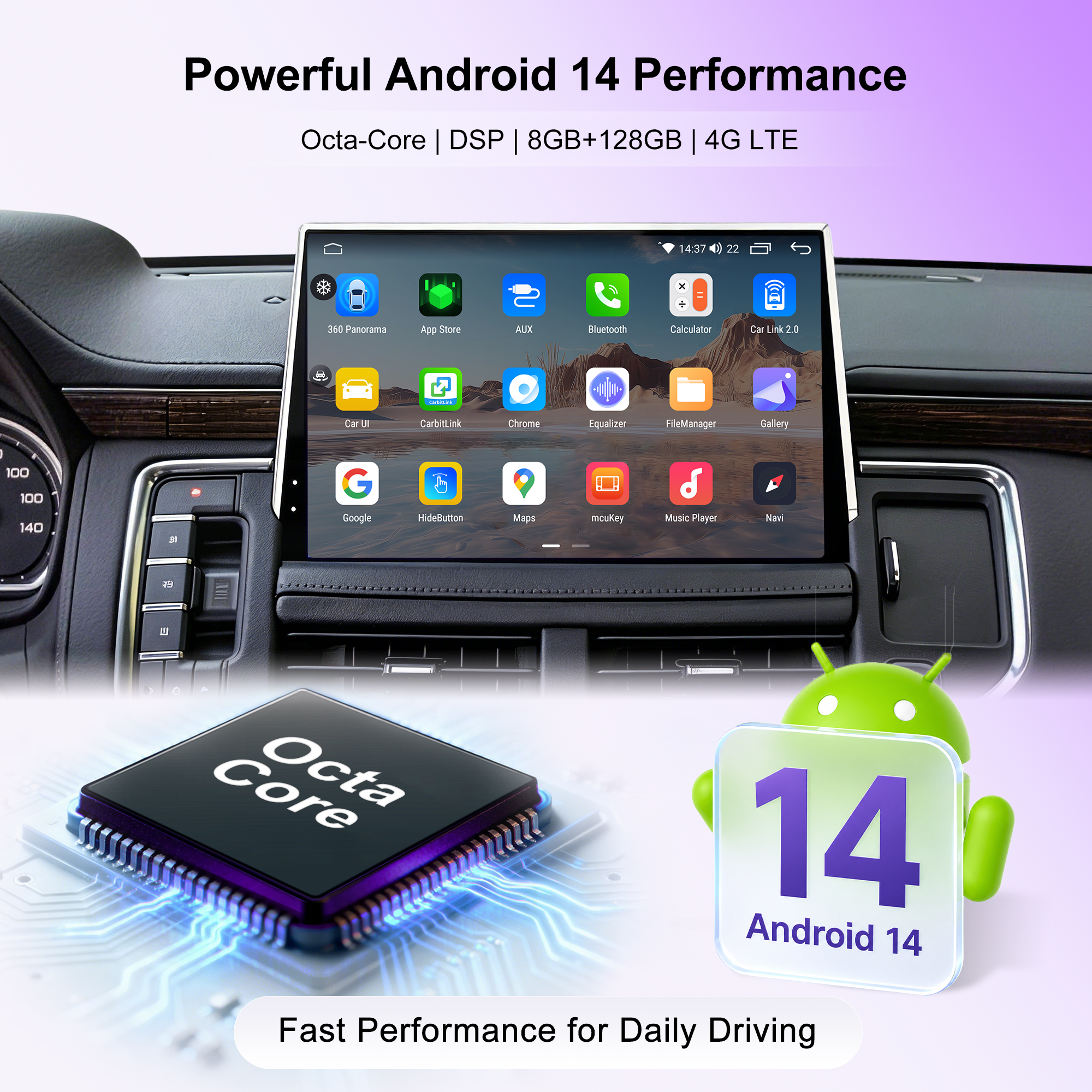 12.9" Android 14 Car Stereo for GMC Yukon XL, Chevy Tahoe & Suburban 2021+, Wireless CarPlay Android Auto, 8-Core, 4G LTE, GPS, DSP, Plug & Pla