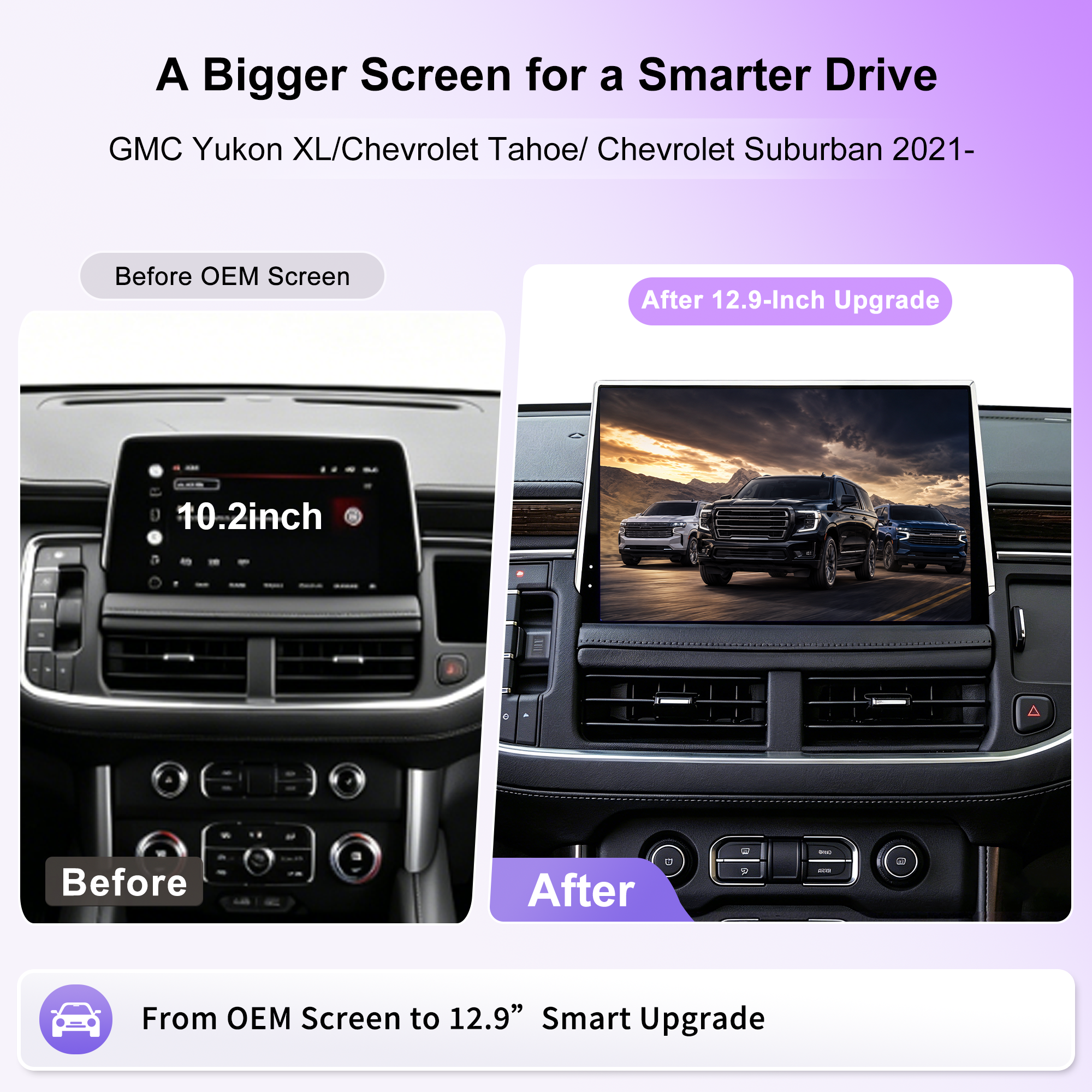 12.9" Android 14 Car Stereo for GMC Yukon XL, Chevy Tahoe & Suburban 2021+, Wireless CarPlay Android Auto, 8-Core, 4G LTE, GPS, DSP, Plug & Pla