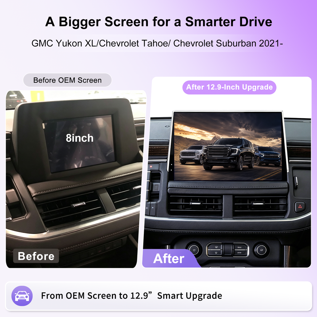 12.9 Inch Android 14 Car Stereo for GMC Yukon XL / Chevrolet Tahoe / Chevrolet Suburban 2021+, Wireless CarPlay Android Auto, 8GB+128GB, 4G LTE, IPS Touchscreen, DSP Audio, GPS Navigation, JBL, Backup Camera, Plug & Play