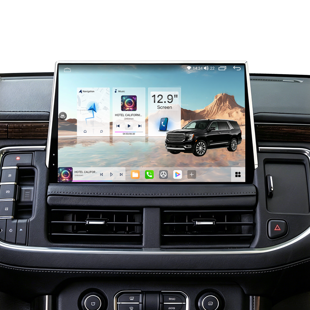 12.9 Inch Android 14 Car Stereo for GMC Yukon XL / Chevrolet Tahoe / Chevrolet Suburban 2021+, Wireless CarPlay Android Auto, 8GB+128GB, 4G LTE, IPS Touchscreen, DSP Audio, GPS Navigation, JBL, Backup Camera, Plug & Play