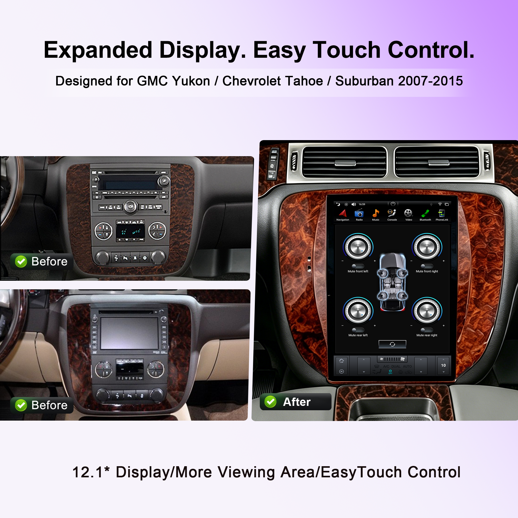 12.1" Tesla Style Android Car Stereo for GMC Yukon, Chevy Tahoe & Suburban 2007–2015, Wireless CarPlay, Android Auto, GPS, 4GB+32GB/64GB