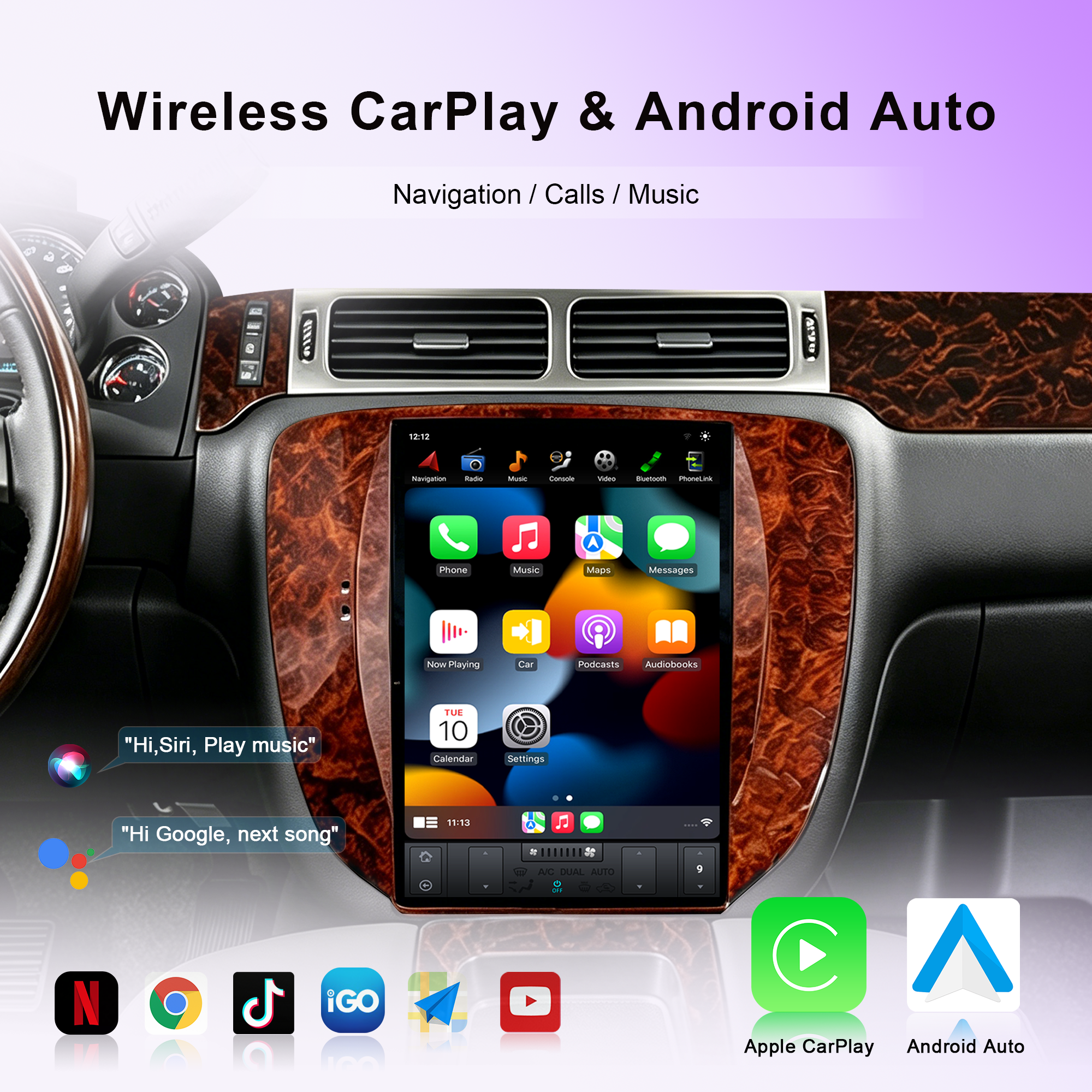 12.1" Tesla Style Android Car Stereo for GMC Yukon, Chevy Tahoe & Suburban 2007–2015, Wireless CarPlay, Android Auto, GPS, 4GB+32GB/64GB
