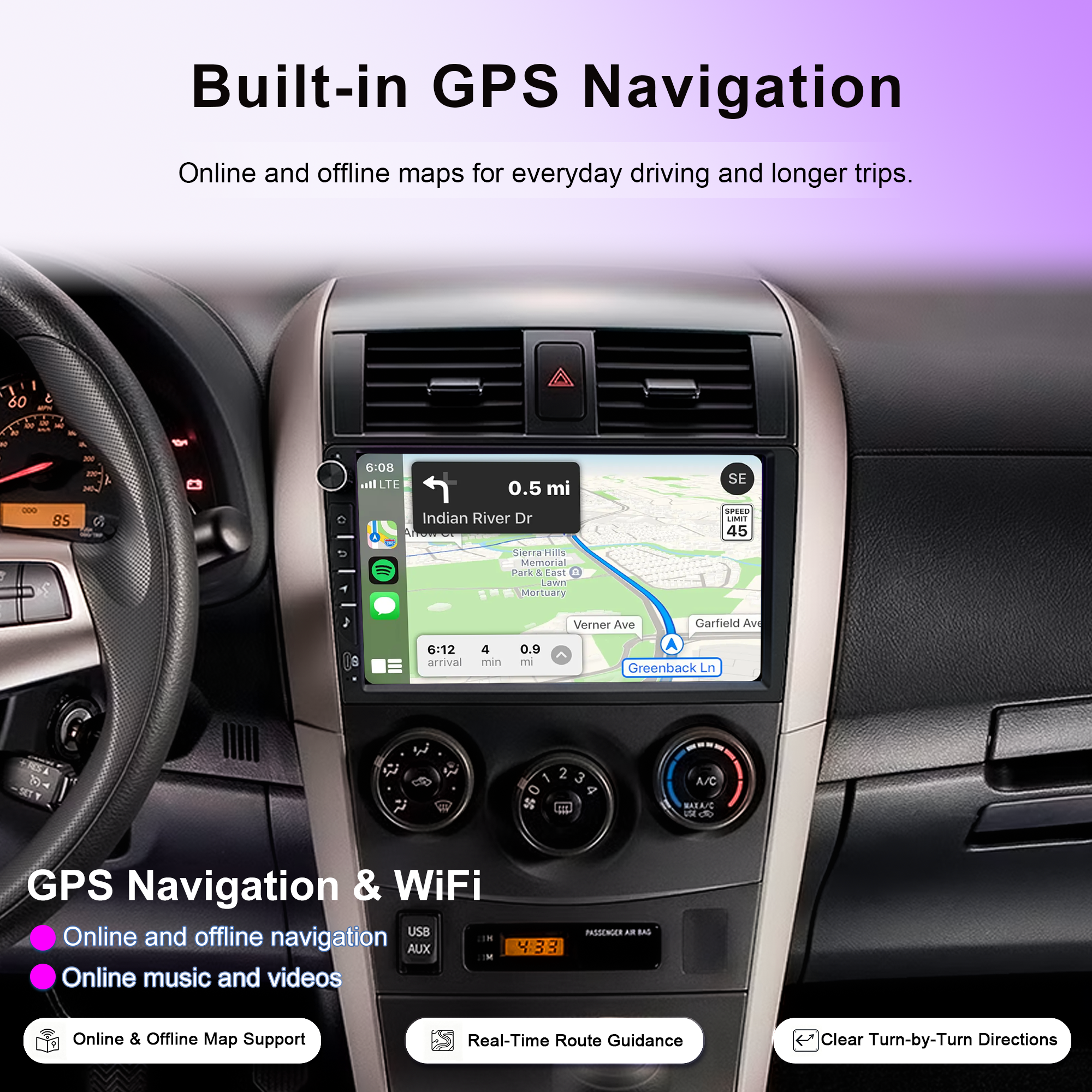 9 Inch Universal Android Car Stereo with Wireless CarPlay & Android Auto, GPS Navigation, WiFi, Bluetooth 5.0, DSP EQ, FM Radio, Rear View Camera, Steering Wheel Control, Touch Screen Head Unit