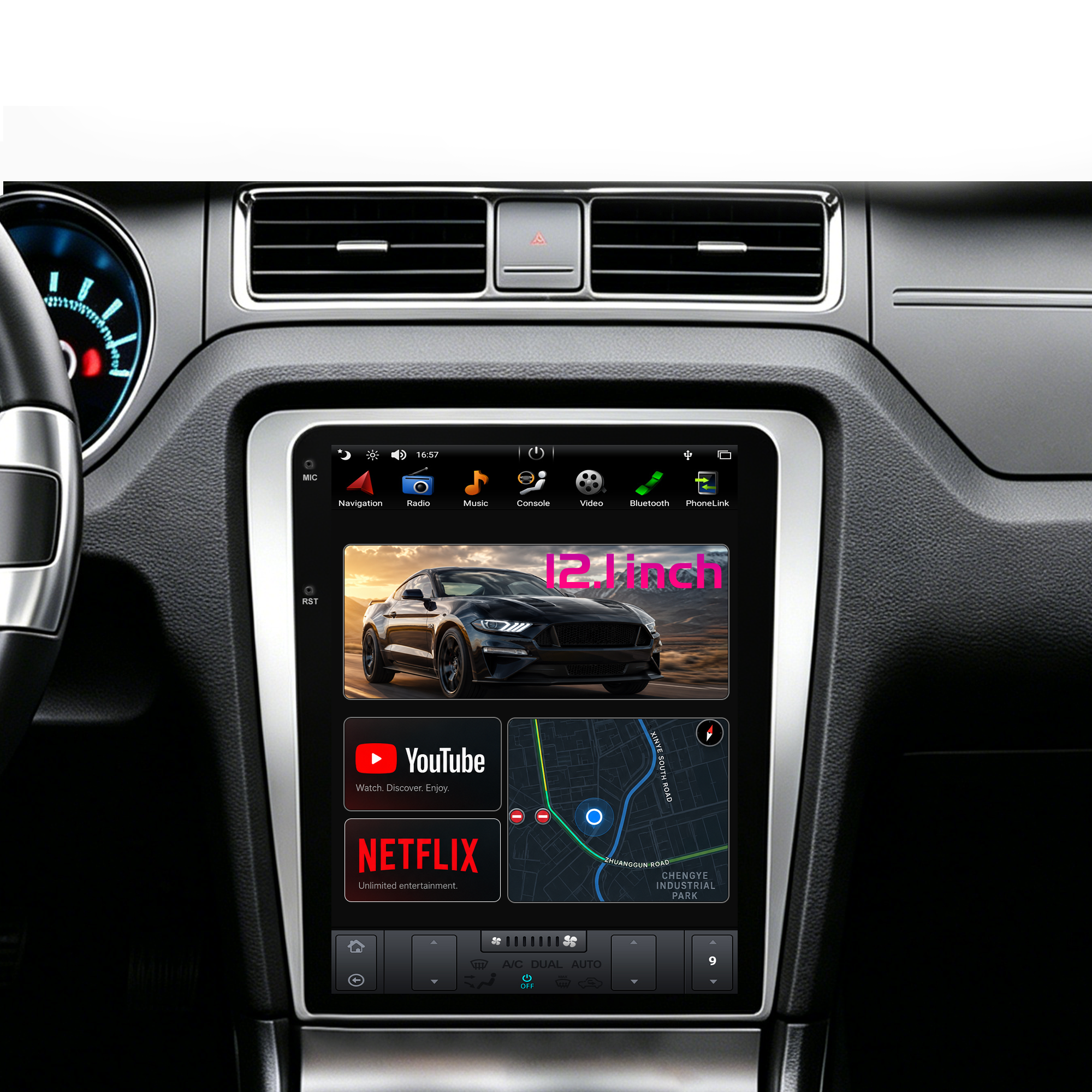 12.1" Vertical T-Style Android Car Stereo for Ford Mustang 2010-2014 GT Shelby GT500 V6, Wireless CarPlay Android Auto, GPS Navigation, RAM+ROM Options, A/C Touch Control, Backup Camera, Steering Wheel Control