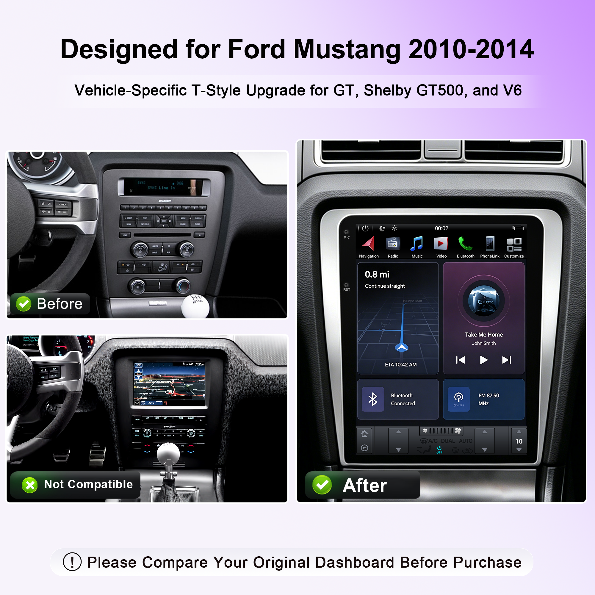 12.1" Vertical T-Style Android Car Stereo for Ford Mustang 2010-2014 GT Shelby GT500 V6, Wireless CarPlay Android Auto, GPS Navigation, RAM+ROM Options, A/C Touch Control, Backup Camera, Steering Wheel Control