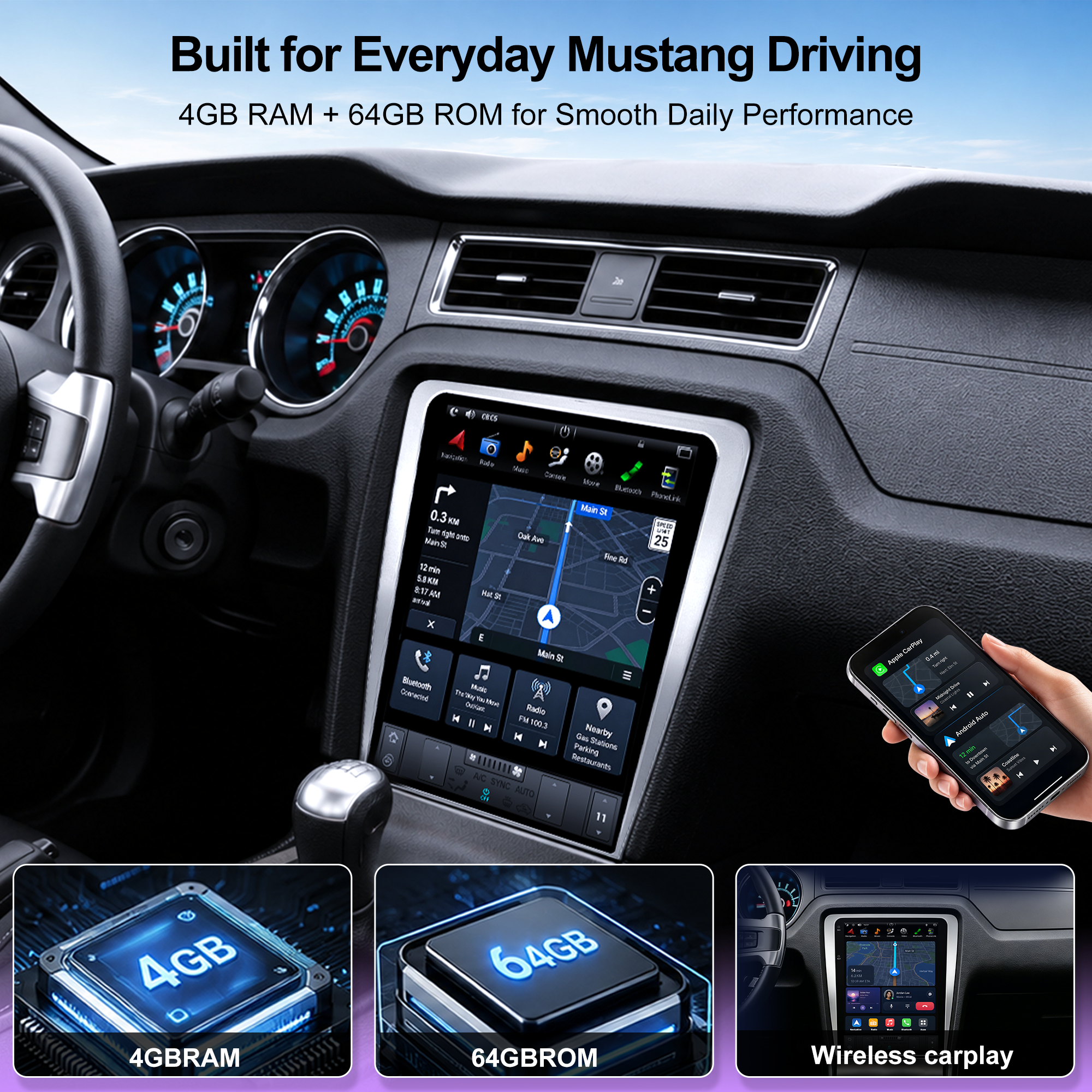 12.1" Vertical T-Style Android Car Stereo for Ford Mustang 2010-2014 GT Shelby GT500 V6, Wireless CarPlay Android Auto, GPS Navigation, RAM+ROM Options, A/C Touch Control, Backup Camera, Steering Wheel Control