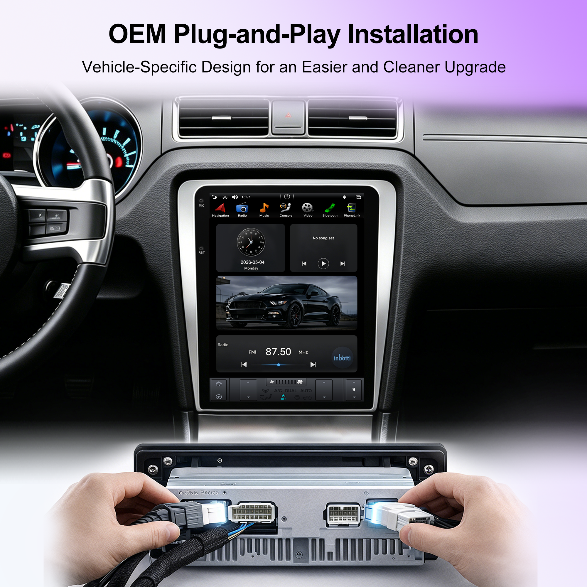 12.1" Vertical T-Style Android Car Stereo for Ford Mustang 2010-2014 GT Shelby GT500 V6, Wireless CarPlay Android Auto, GPS Navigation, RAM+ROM Options, A/C Touch Control, Backup Camera, Steering Wheel Control