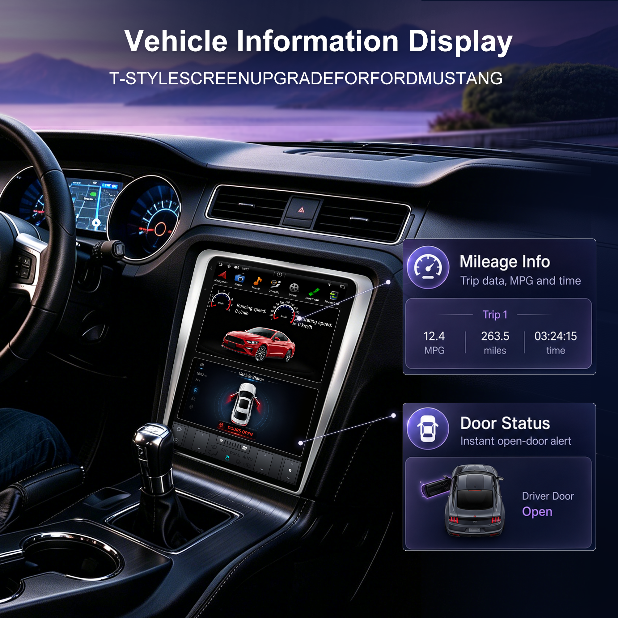 12.1" Vertical T-Style Android Car Stereo for Ford Mustang 2010-2014 GT Shelby GT500 V6, Wireless CarPlay Android Auto, GPS Navigation, RAM+ROM Options, A/C Touch Control, Backup Camera, Steering Wheel Control