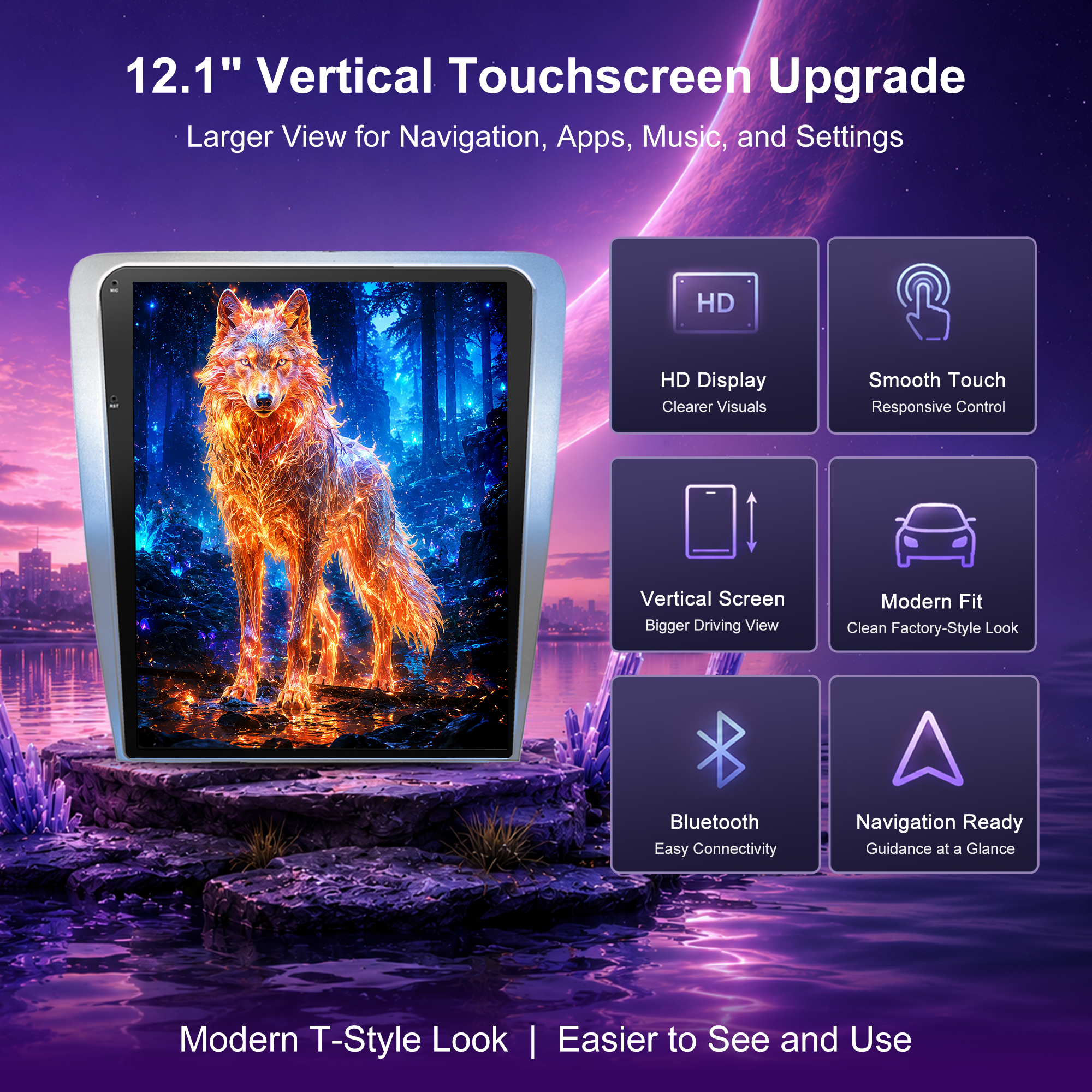 12.1" Vertical T-Style Android Car Stereo for Ford Mustang 2010-2014 GT Shelby GT500 V6, Wireless CarPlay Android Auto, GPS Navigation, RAM+ROM Options, A/C Touch Control, Backup Camera, Steering Wheel Control