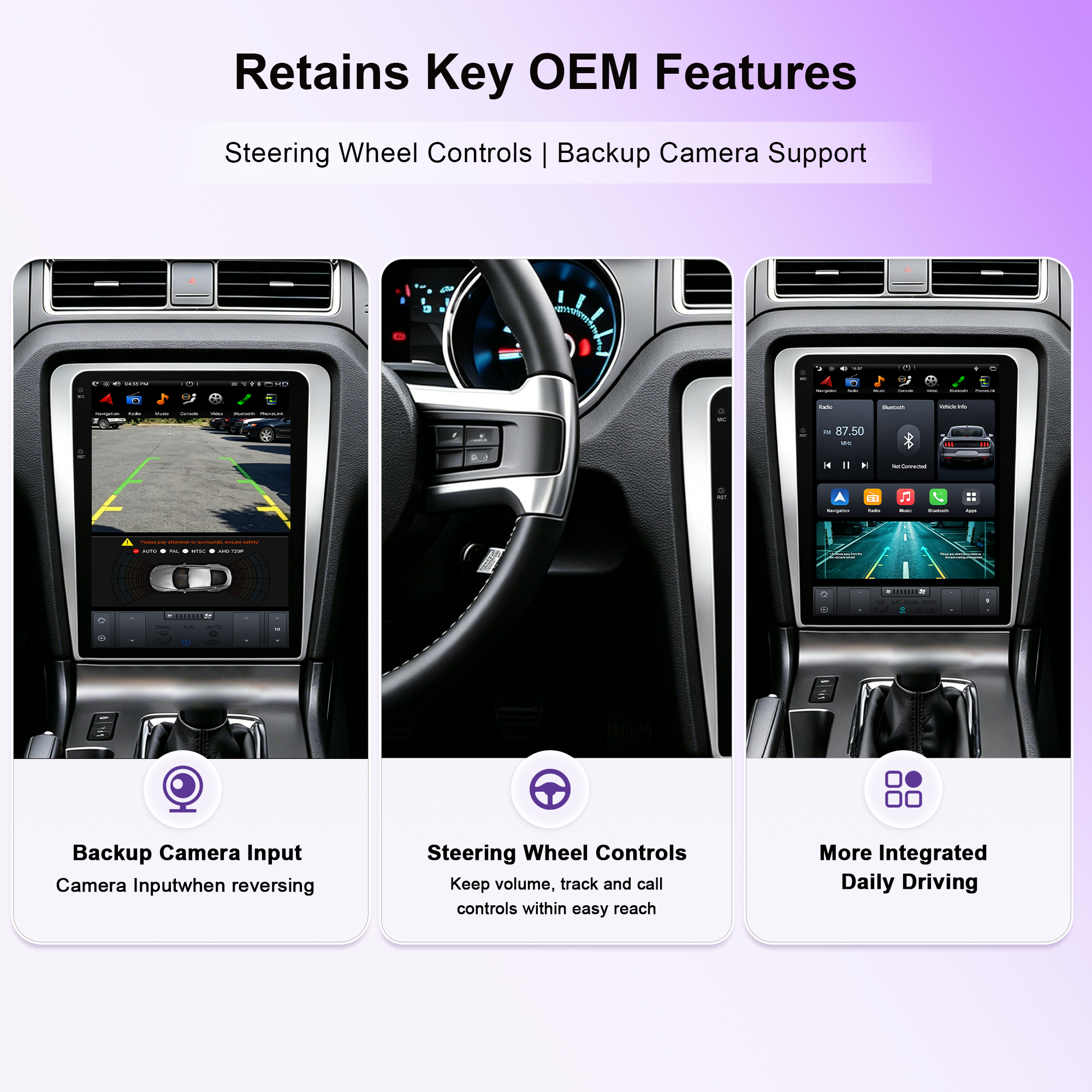 12.1" Vertical T-Style Android Car Stereo for Ford Mustang 2010-2014 GT Shelby GT500 V6, Wireless CarPlay Android Auto, GPS Navigation, RAM+ROM Options, A/C Touch Control, Backup Camera, Steering Wheel Control