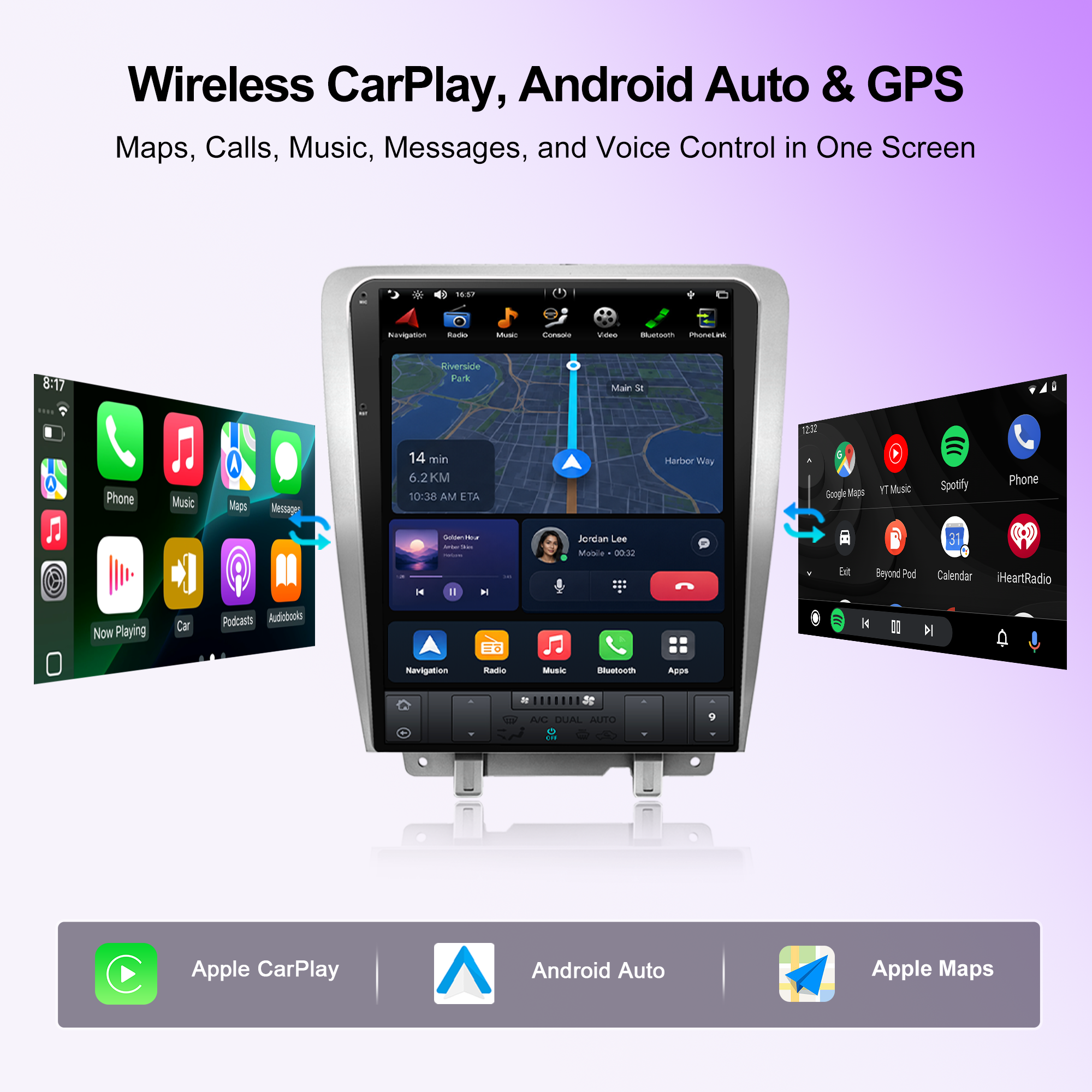 12.1" Vertical T-Style Android Car Stereo for Ford Mustang 2010-2014 GT Shelby GT500 V6, Wireless CarPlay Android Auto, GPS Navigation, RAM+ROM Options, A/C Touch Control, Backup Camera, Steering Wheel Control