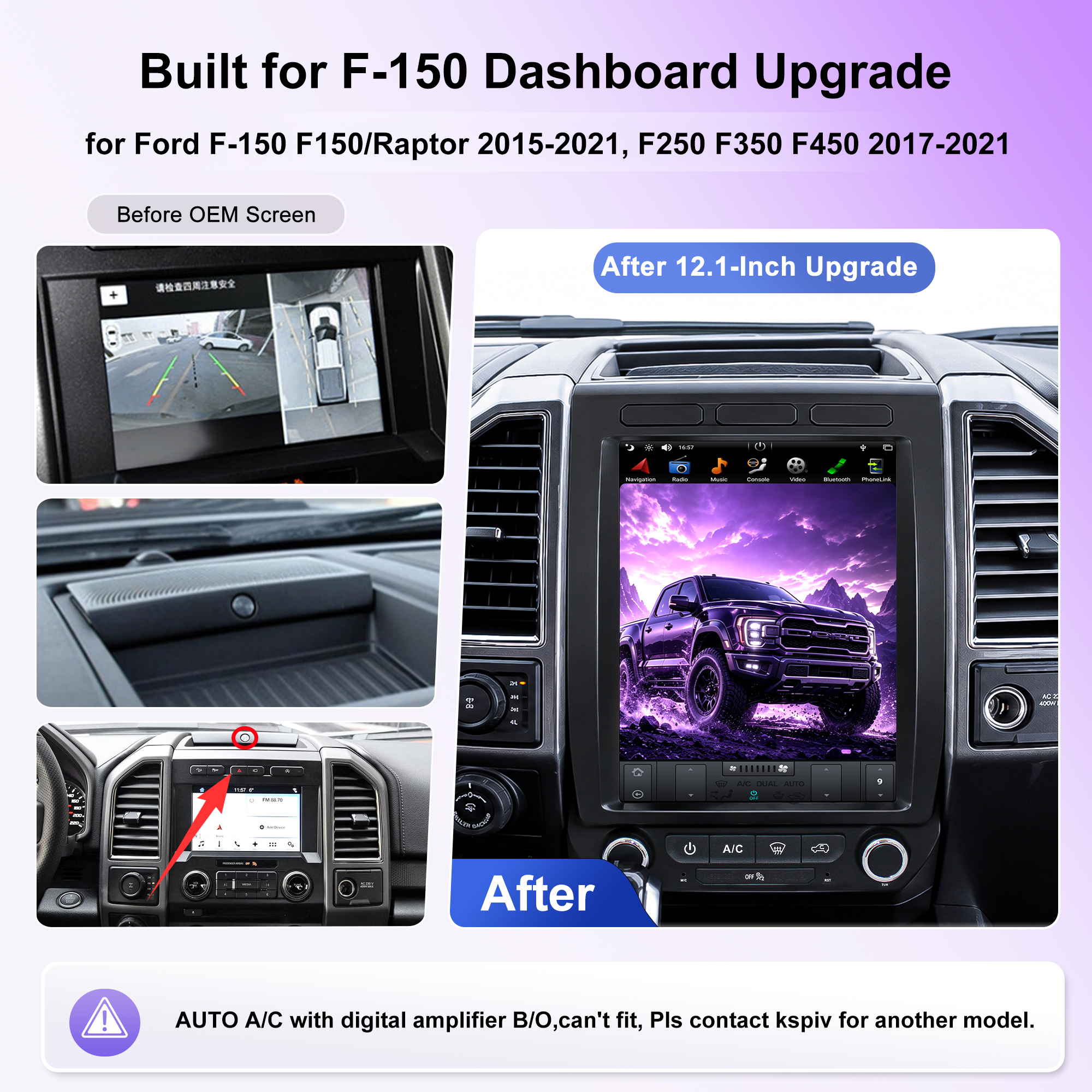 Kspiv 12.1 inch Android Car Stereo with Navigation for Ford F150 /Raptor 2015-Tesla Style Screen Wireless Carplay Android auto