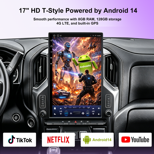 17" T-Style Android 14 Car Stereo for GMC Sierra 2019+ / Silverado LD 2019+ / VIA VTrux Truck, Wireless CarPlay Android Auto, 8GB+128GB, 4G LTE, GPS, Backup Camera, Plug & Play