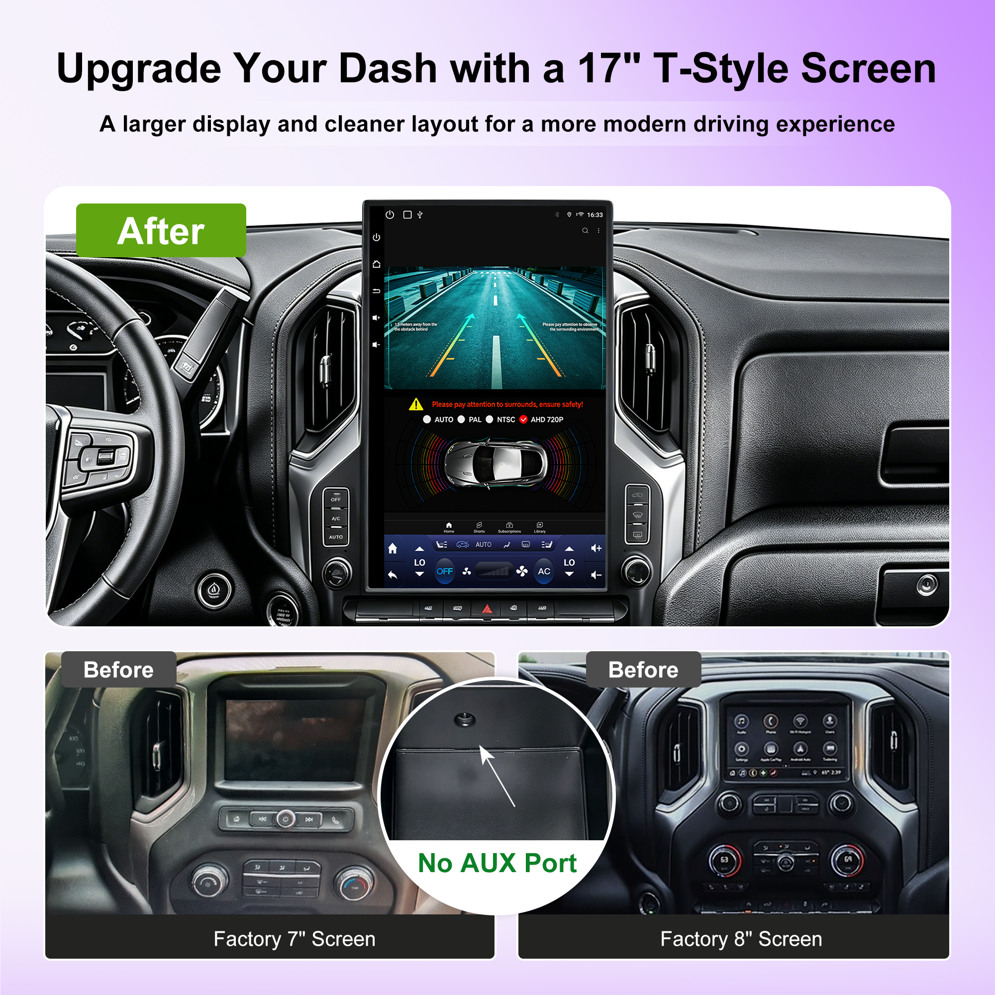 17" T-Style Android 14 Car Stereo for GMC Sierra 2019+ / Silverado LD 2019+ / VIA VTrux Truck, Wireless CarPlay Android Auto, 8GB+128GB, 4G LTE, GPS, Backup Camera, Plug & Play（副本）