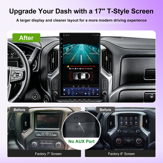 17" T-Style Android 14 Car Stereo for GMC Sierra 2019+ / Silverado LD 2019+ / VIA VTrux Truck, Wireless CarPlay Android Auto, 8GB+128GB, 4G LTE, GPS, Backup Camera, Plug & Play
