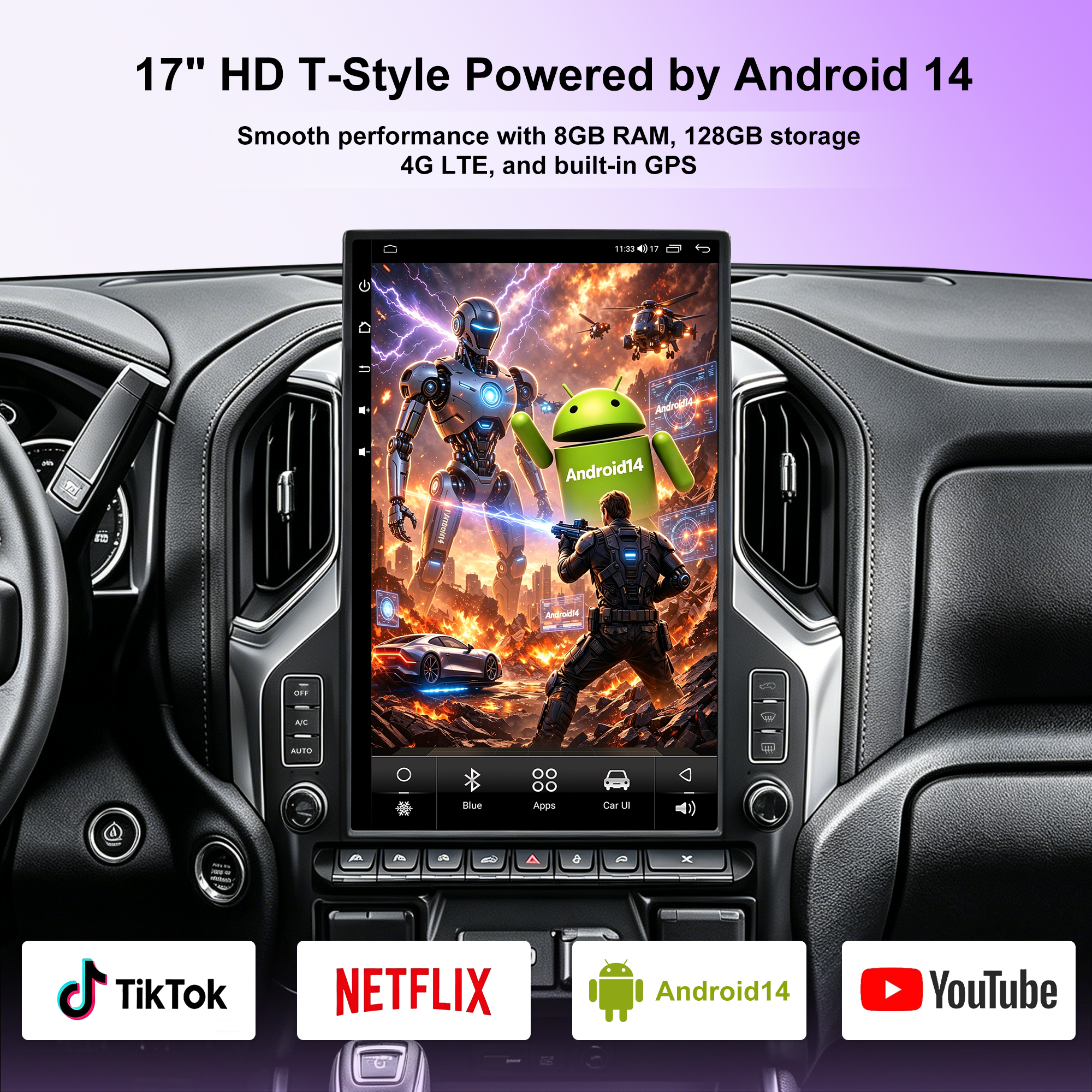 17 Inch T-Style Android 14 Car Stereo for GMC Sierra 2019+ Silverado LD 2019+ VIA VTrux Truck, 8GB+128GB 4G LTE Touch Screen Radio with Wireless CarPlay Android Auto, GPS, DSP, Backup Camera Support, Plug & Play