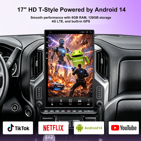 17 Inch T-Style Android 14 Car Stereo for GMC Sierra 2019+ Silverado LD 2019+ VIA VTrux Truck, 8GB+128GB 4G LTE Touch Screen Radio with Wireless CarPlay Android Auto, GPS, DSP, Backup Camera Support, Plug & Play