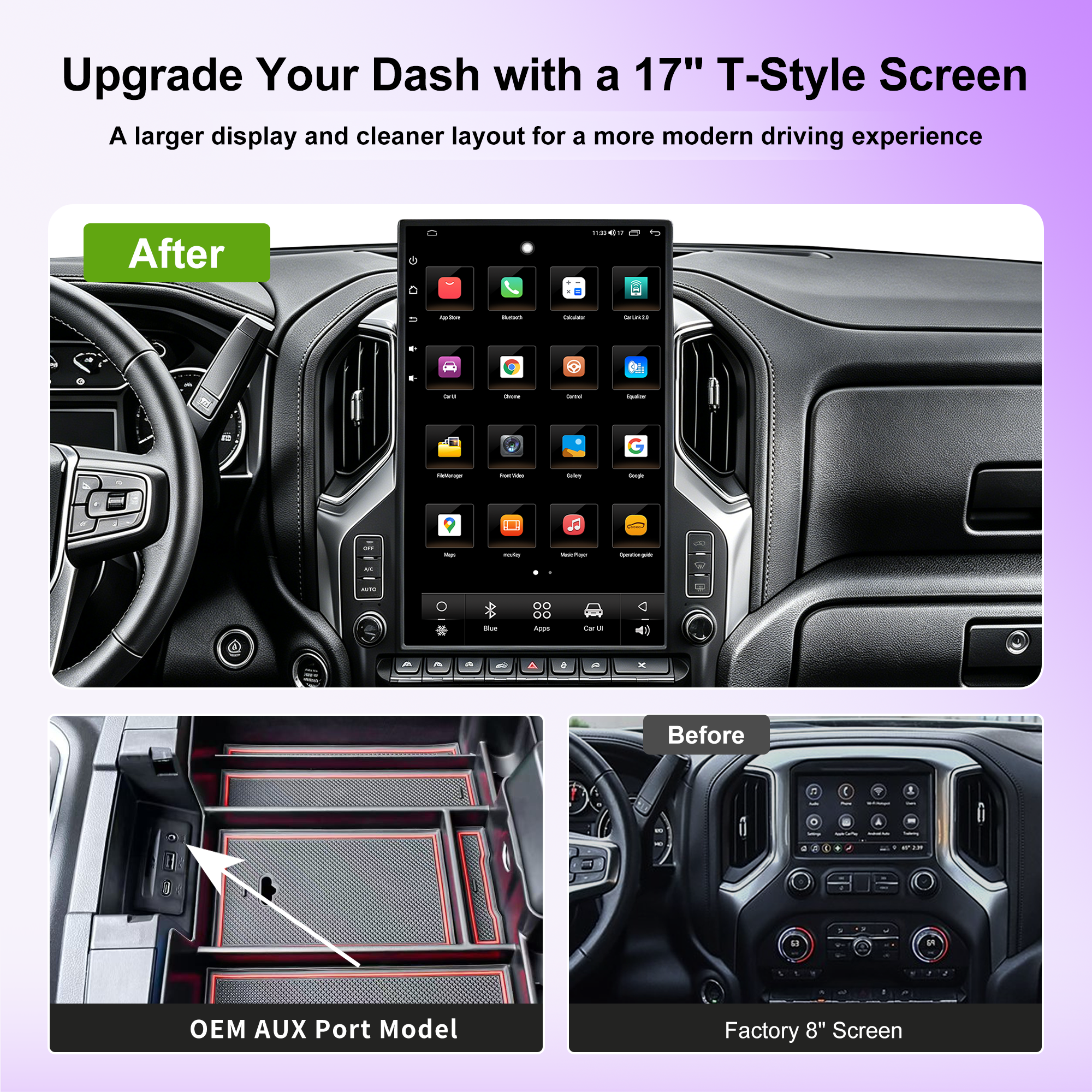 17 Inch T-Style Android 14 Car Stereo for GMC Sierra 2019+ Silverado LD 2019+ VIA VTrux Truck, 8GB+128GB 4G LTE Touch Screen Radio with Wireless CarPlay Android Auto, GPS, DSP, Backup Camera Support, Plug & Play
