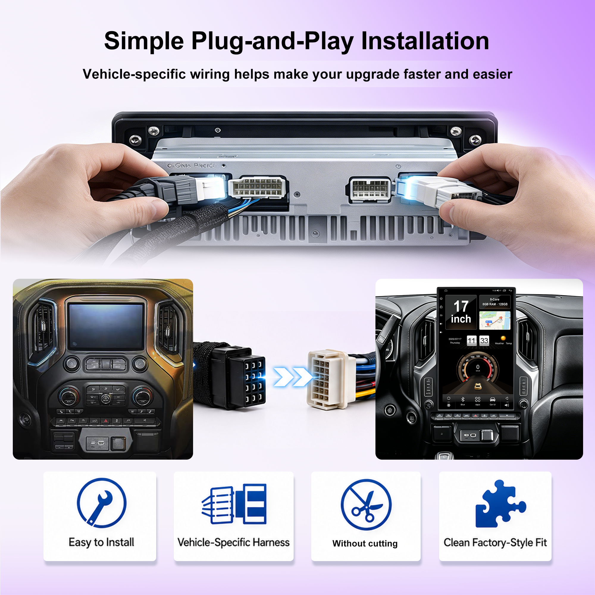 17 Inch T-Style Android 14 Car Stereo for GMC Sierra 2019+ Silverado LD 2019+ VIA VTrux Truck, 8GB+128GB 4G LTE Touch Screen Radio with Wireless CarPlay Android Auto, GPS, DSP, Backup Camera Support, Plug & Play