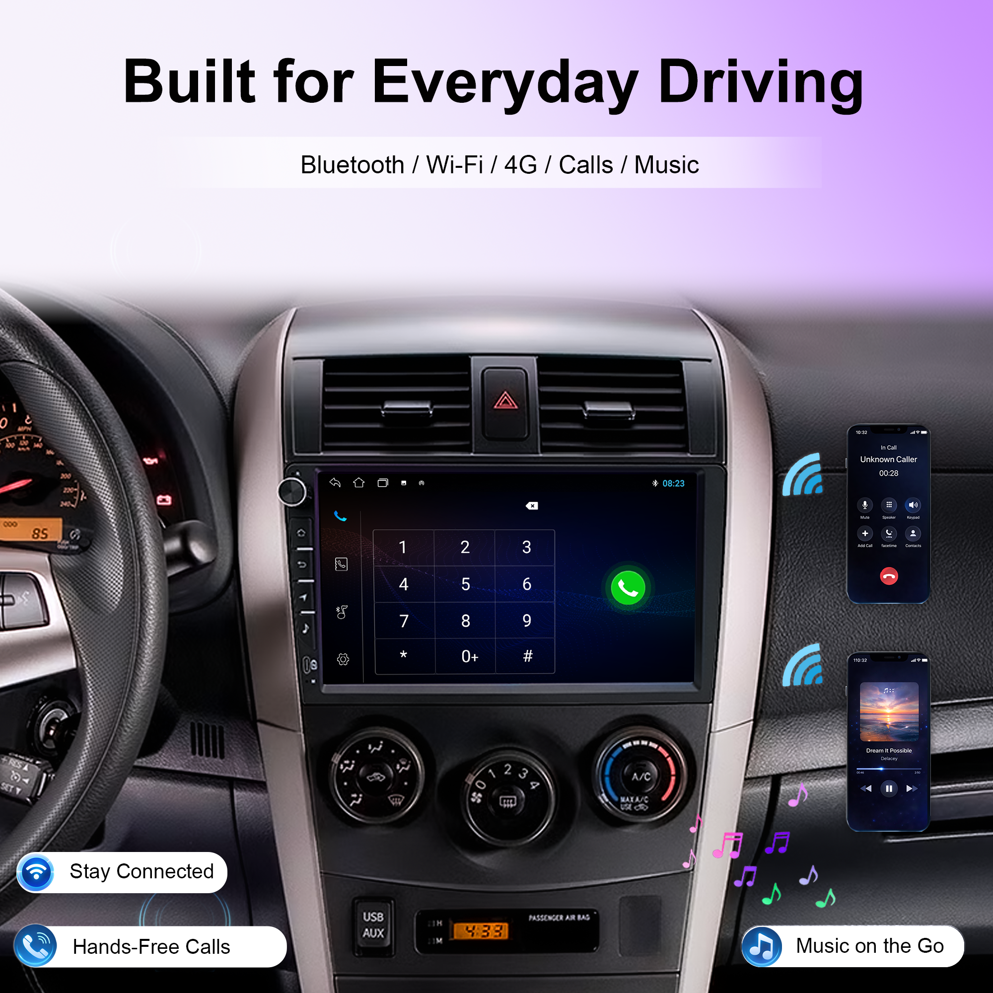 9 Inch Universal Android Car Stereo with Wireless CarPlay & Android Auto, GPS Navigation, WiFi, Bluetooth 5.0, DSP EQ, FM Radio, Rear View Camera, Steering Wheel Control, Touch Screen Head Unit