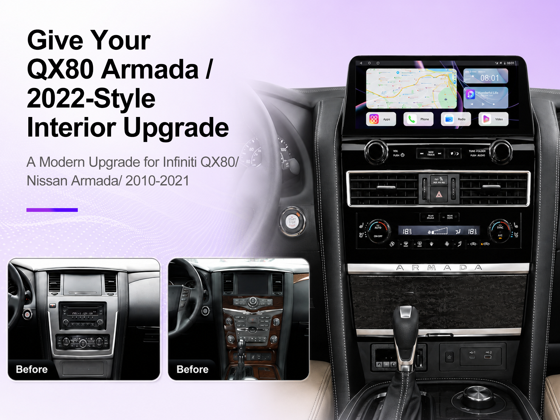 12.3" OEM 2022-Style Android 14 Car Stereo for Infiniti QX80 / Nissan Armada 2010-2021, Wireless CarPlay Android Auto, Qualcomm 8-Core, 8GB+128GB, 4G LTE GPS, DSP DTS, RCA HDMI, Plug & Play