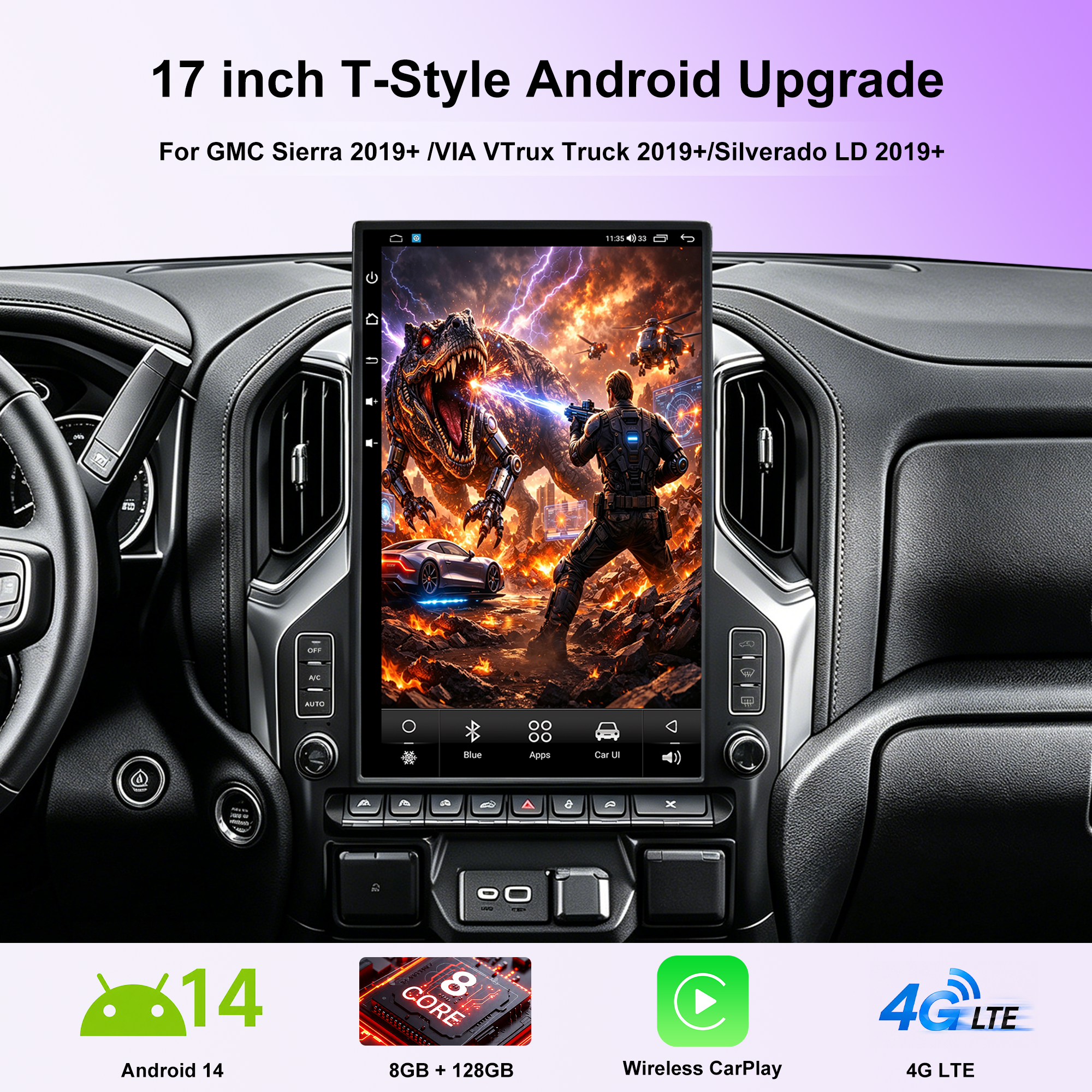 17 Inch T-Style Android 14 Car Stereo for GMC Sierra 2019+ Silverado LD 2019+ VIA VTrux Truck, 8GB+128GB 4G LTE Touch Screen Radio with Wireless CarPlay Android Auto, GPS, DSP, Backup Camera Support, Plug & Play
