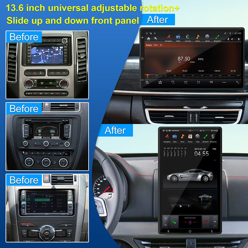 Kspiv Manual Rotation 13.6 Inch Universal Double Din Car Stereo Carplay Android Auto with Adjustable Front Panel Support Voice Control DSP AHD Radio